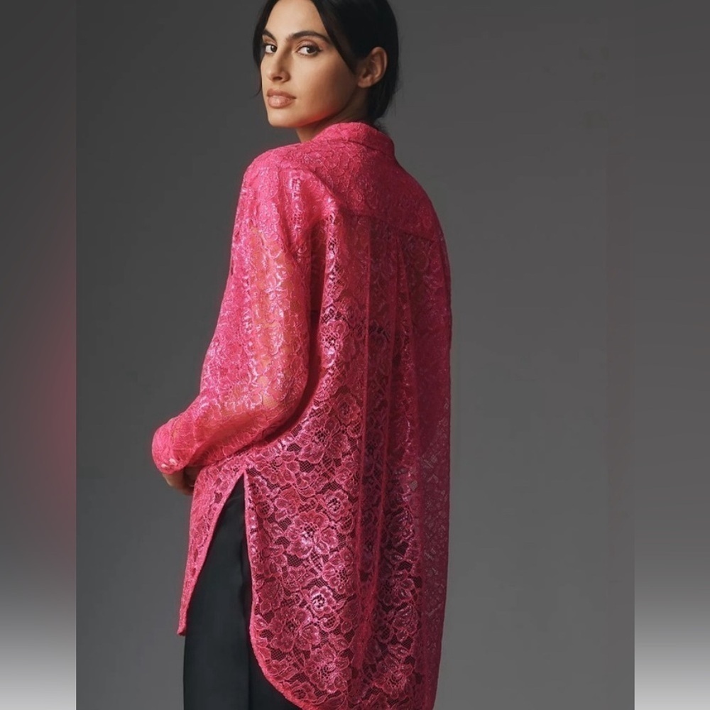 Anthropology NWT metallic lace hot pink button down, small - Picture 2 of 7